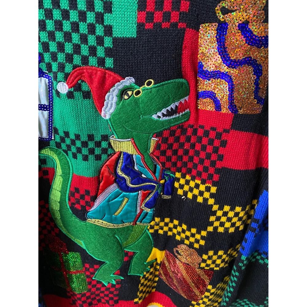 Holiday Time Mens Christmas Sweater T-Rex Dinosaur Sequins Patchwork Medium